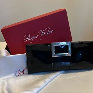 Roger Vivier Black Patent Clutch Bag with Silver lining and Silver buckle